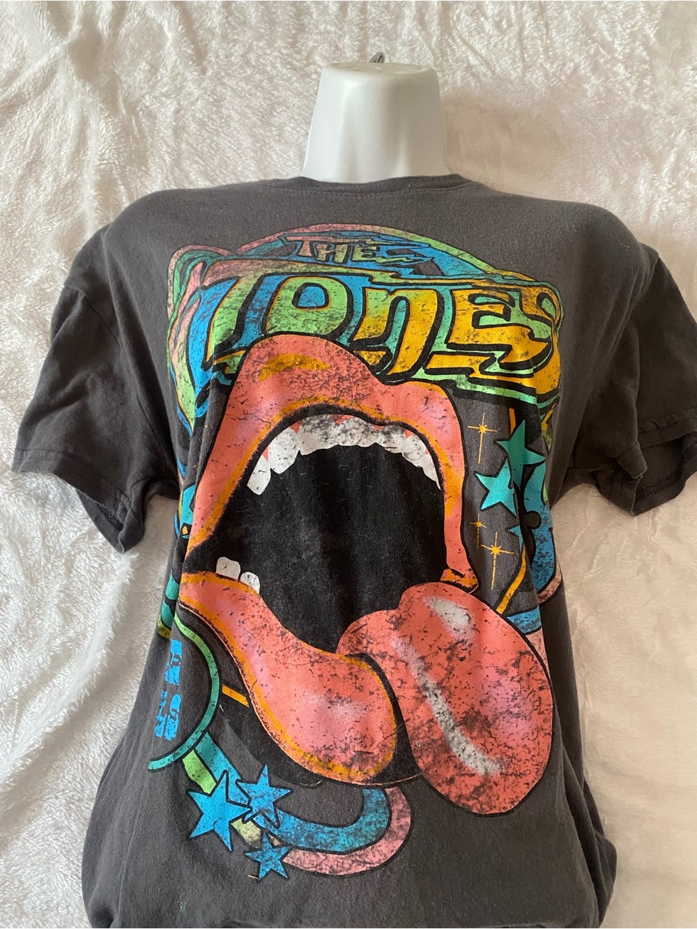 the Rolling Stones Black Graphic Print with Pink Tongue and Teal Accents